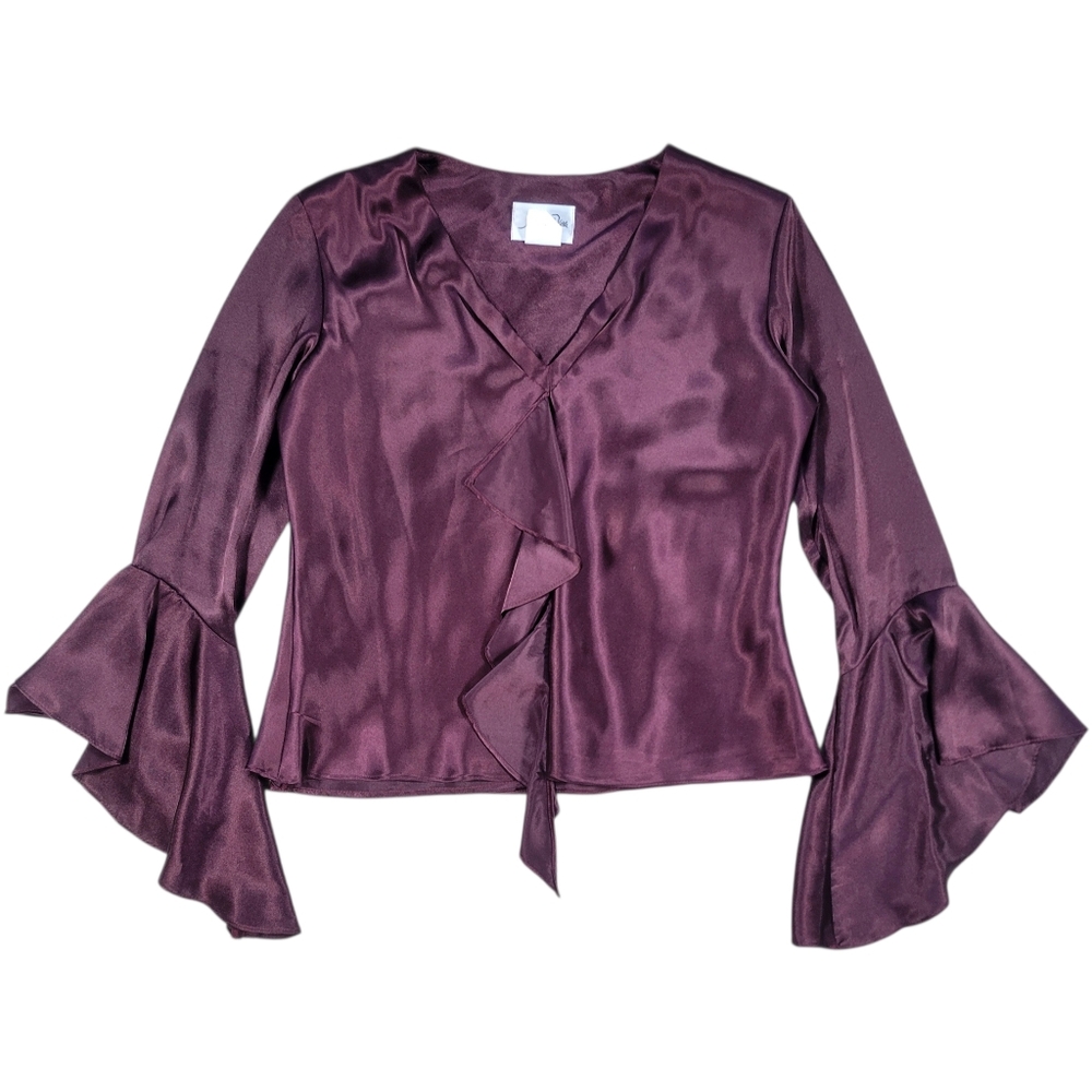 Vtg Jeffrey & Dara Blouse‎ Womens 10 Burgundy Satin Bell Sleeve Evening Dark Top